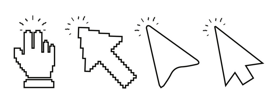 Cursor arrow mouse click icon. Collection of hand cursor pointer icons with click effect for website interface design elements.