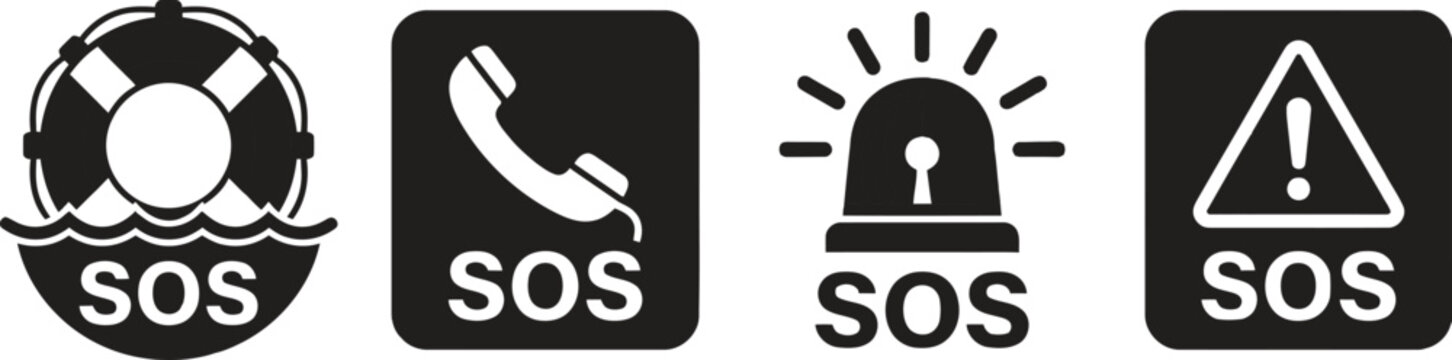 Black and white sos icon set emergency help needed
