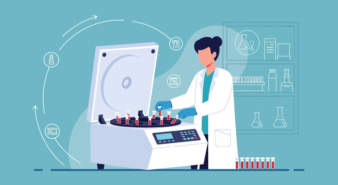 Scientist using centrifuge machine for blood samples in laboratory, medical research concept