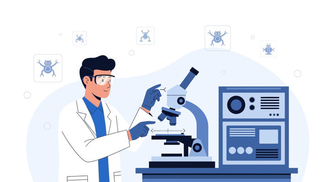 Scientist using microscope in laboratory with robotic elements and futuristic equipment