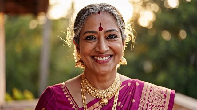Smiling indian woman in traditional pink saree and gold jewelry outdoor setting with greenery