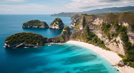 Obraz premium Aerial view of a stunning tropical beach with crystal clear turquoise water and white sand surrounded by lush green cliffs