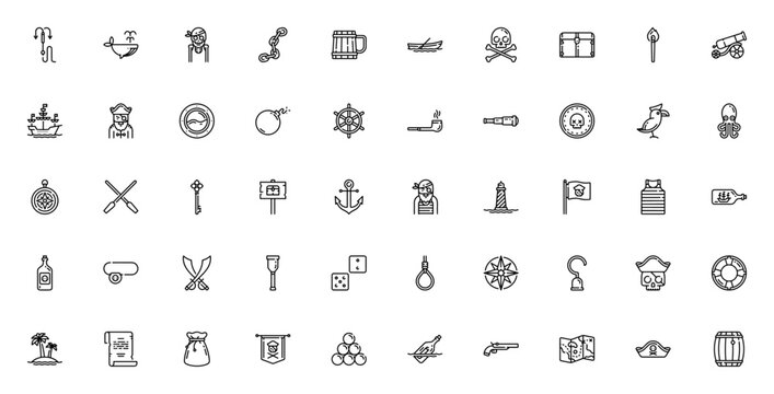 Pirates icon set. Pirate vector icons collection. Minimalist icons pack. Includes symbols for hook, whale, skull, chest, ship, cannon, compass, parrot, anchor, treasure map, pirate hat and more. Edita