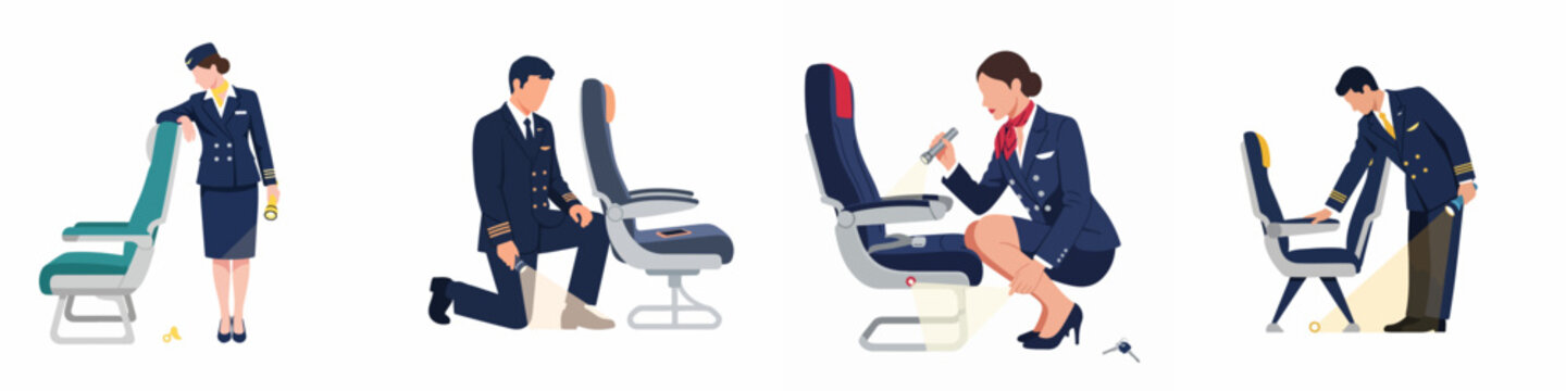 Set of flight attendants and pilots searching for lost items under airplane seats with flashlights, flat vector illustration on white background.