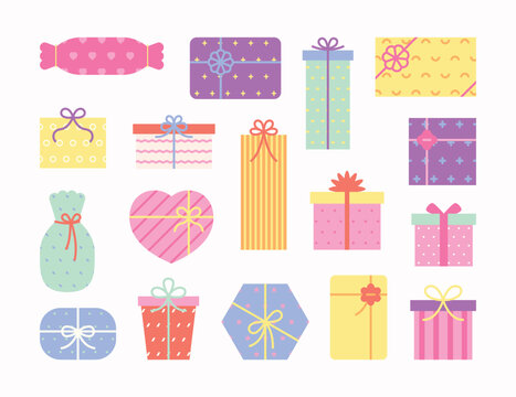 A collection of gift boxes of various shapes. Cute pattern vector illustration style.