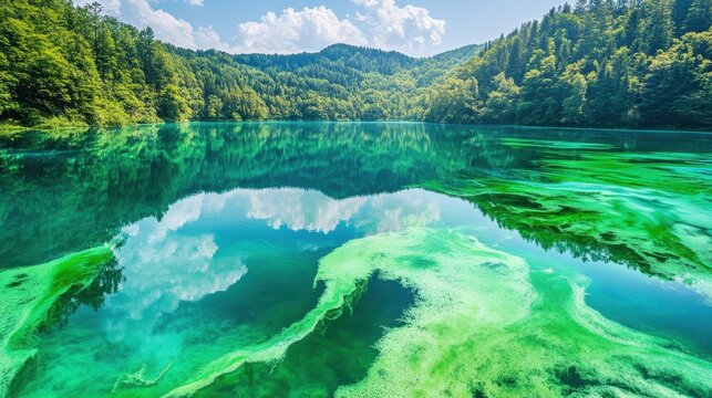 Vibrant toxic algae bloom spreads across the surface of a polluted, tranquil lake surrounded by lush green forests and reflected sky.