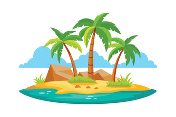 Fototapeta premium Tropical beach landscape with bungalow and palm trees vector illustration