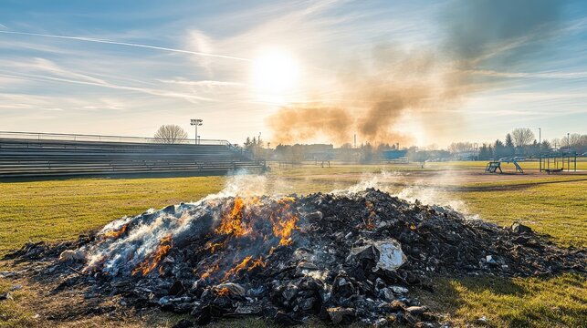 Waste burns intensely near a city sports field under bright midday sun with smoke rising over bleachers