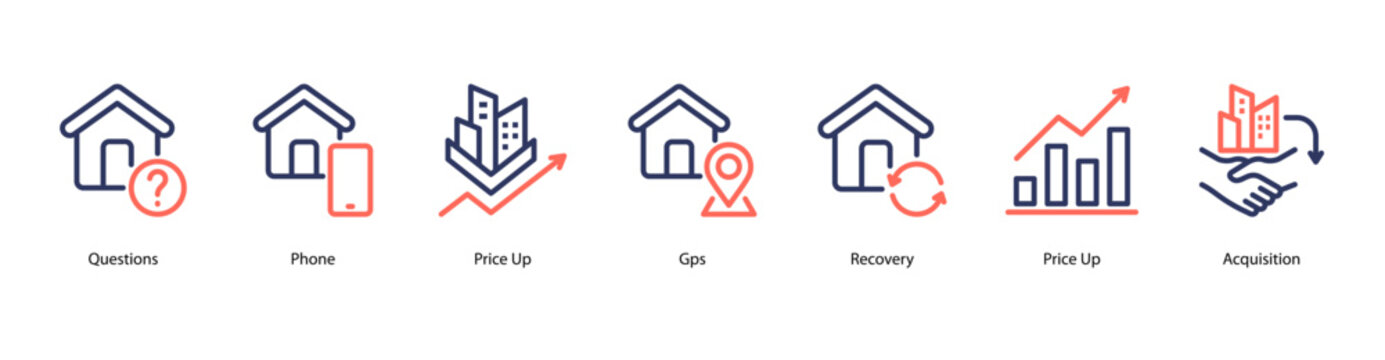 Financial Strategy web banner icon vector illustration featuring Questions, Phone, Price Up, Gps, Recovery, Price Up, and Acquisition.