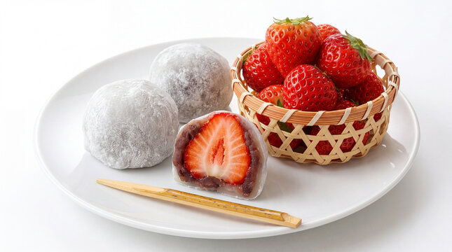 Sweet Japanese strawberry mochi, or Ichigo Daifuku, artfully arranged on a clean white plate with a bowl of fresh, vibrant red strawberries, offering a delightful traditional dessert