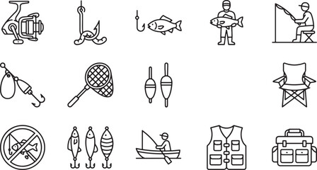 Fishing, Angling, and Outdoor Recreation Line Art Vector Icon Set © Open Expression