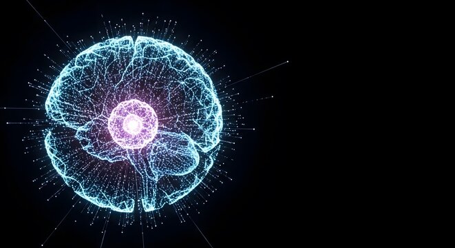 Abstract digital illustration of an artificial intelligence brain with glowing neural networks