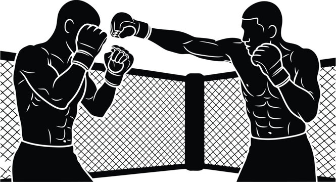 Mixed Martial Arts Fighters Sparring in Octagon Cage Black and White Silhouette Illustration
