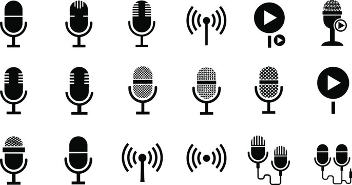 Microphone and podcasting vector silhouette icon set featuring radio broadcasting sound waves studio recording and play button symbols