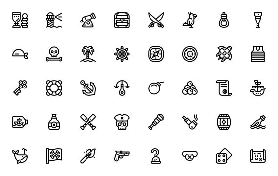 Pirates icon set. Minimal vector icons pack. Featuring treasure, lighthouse, cannon, saber, parrot, skull, island, compass, anchor, ship, flag, torch, musket, eyepatch, treasure map and more.