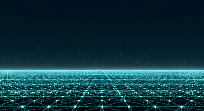 Abstract technology background featuring an infinite quantum network grid with glowing teal nodes
