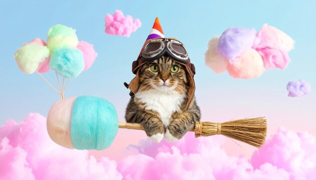 Whimsical pilot cat with goggles and propeller hat flying on a broomstick through pastel candy clouds
