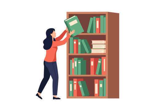 Woman reaching for book on tall bookshelf in library