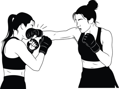 Black and White Vector Illustration of Two Women Sparring in Boxing Gloves on White Background