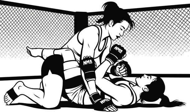 Black and White MMA Woman Fighting in Cage, Female Mixed Martial Arts Grappling Opponent Illustration