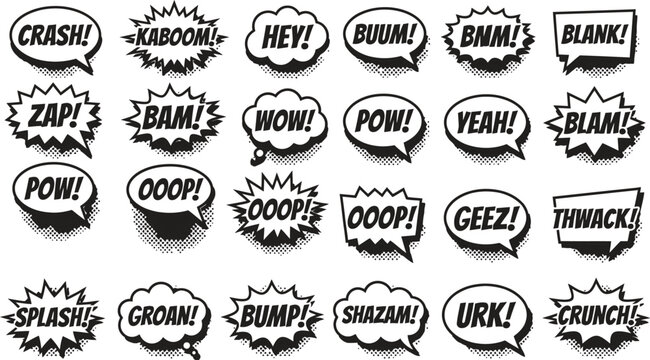 Comic book speech bubbles with halftone shadows black and white