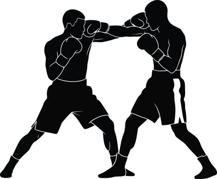 Black Boxing Fighters Silhouette in Ring Sparring Pose Isolated on White Background