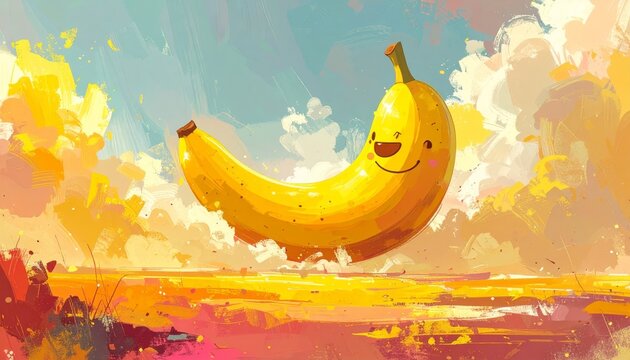 Whimsical smiling banana cloud character floats joyfully in a colorful, abstract skyscape
