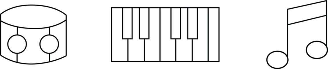 Set of three musical instrument icons including drum piano and note. Editable thin outline packs. Vector illustration © Shawon's Creation