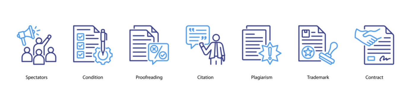 Legal and Publishing web banner icon vector illustration featuring Spectators, Condition, Proofreading, Citation, Plagiarism, Trademark, and Contract.