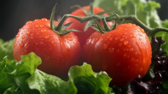 Fresh Red Tomatoes and Crisp Lettuce with Water Drops 4K Generative AI