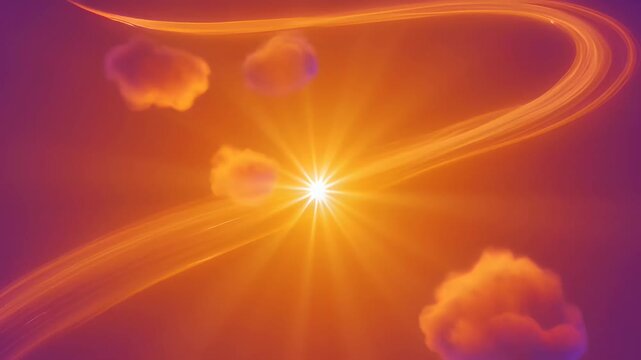 Abstract orange light fire texture smoke glow flare radiant burst soft sky background, glowing cloud scene with purple gradient, warm orange light, tranquil mood, orange fire smoke texture