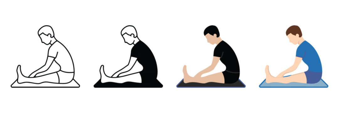 Set of four male yoga stretching exercise icons featuring linear flat and silhouette styles isolated on white background for fitness ui design