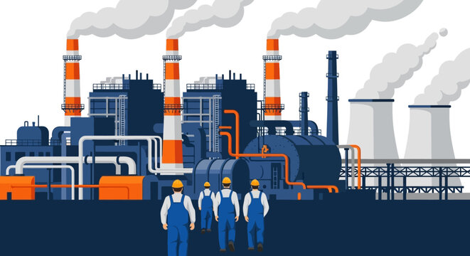 Industrial factory complex with workers walking towards production plant.