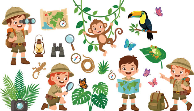 Jungle Safari Explorer Kids Clipart Set with Cute Children Monkey Toucan Frog Map and Camping Equipment Elements for Educational and Nursery Vector Designs