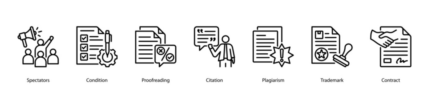 Legal and Publishing web banner icon vector illustration featuring Spectators, Condition, Proofreading, Citation, Plagiarism, Trademark, and Contract.