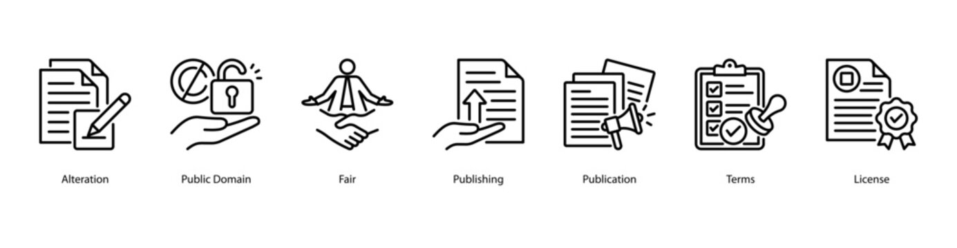 Publishing Rights web banner icon vector illustration featuring Alteration, Public Domain, Fair, Publishing, Publication, Terms, and License.