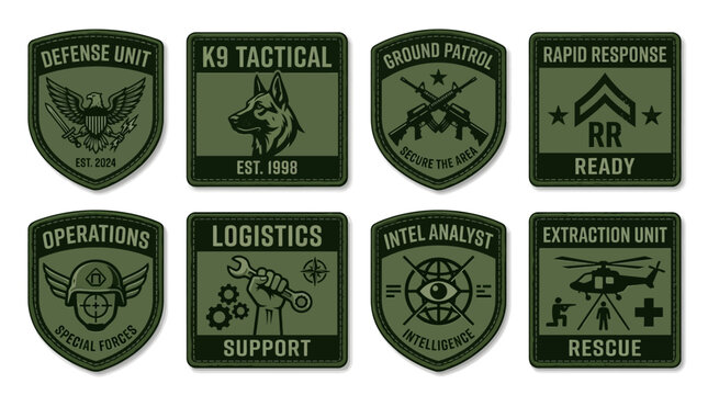 Military Patches: Tactical Unit Insignias, Emblem Set on Olive  Background