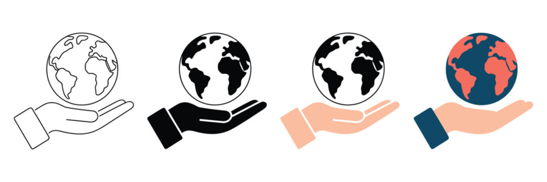 Set of four human hands holding planet earth icons featuring minimalist outline flat solid and colorful designs for global sustainability concepts