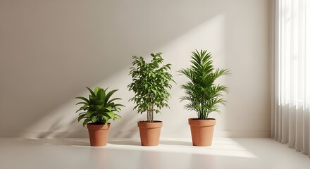 Fototapeta premium Minimalist interior with three potted plants and natural light modern home decor concept