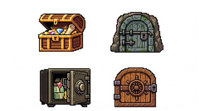 Isometric pixel art set containing a treasure chest, safe filled with money, stone door, and submarine hatch