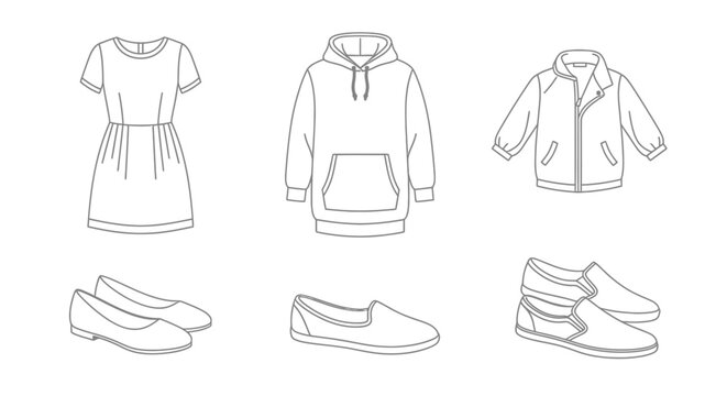 Fashion Illustration Vector Set. Minimalist Apparel and Shoe Icons.
