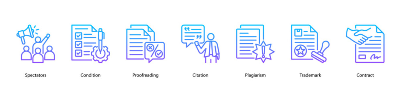 Legal and Publishing web banner icon vector illustration featuring Spectators, Condition, Proofreading, Citation, Plagiarism, Trademark, and Contract.