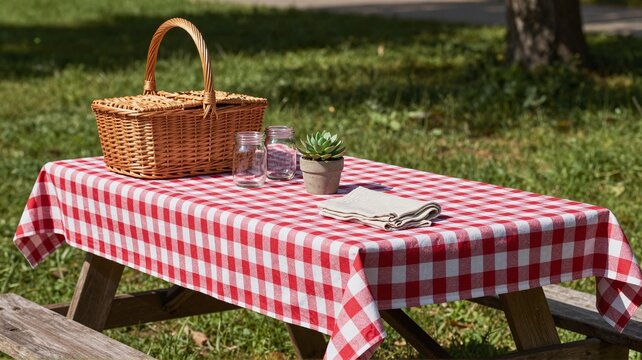 Red and white checkered tablecloth on a picnic table with a basket and plant outdoors