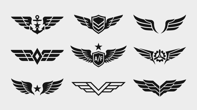 Set Of Aviation Wings Emblems, Badges, Icons, Military, Navy, Air Force Symbols