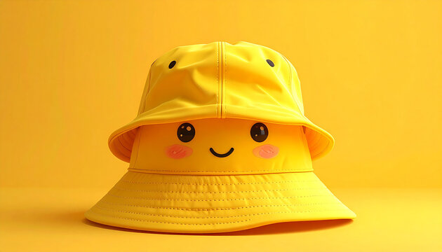 Yellow bucket hat with cute face and smiling eyes
