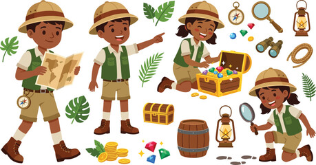 Cute Safari Explorer Kids and Treasure Hunt Clipart Set with African American Children Open Gold Chest Gems Map and Camping Lantern Vector Illustrations © Shahanaj
