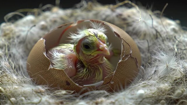 Baby chick hatching from brown egg in nest.