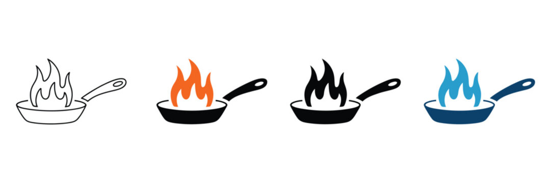 Set of four cooking pan icons with fire flames featuring linear and solid vector styles for culinary design projects and restaurant website interface