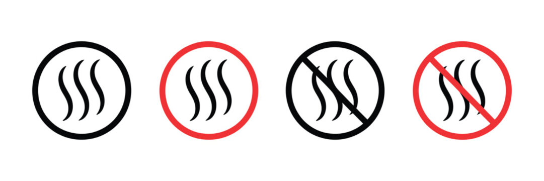 Heat icons displaying hot surface warning symbols with thermal wave lines, circular indicators, and crossed safety marks. Flat and thin vector illustration.