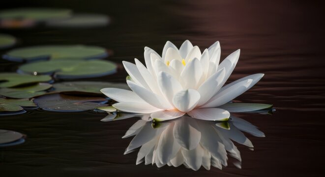 A serene white water lily floating on a pond with green lily pads